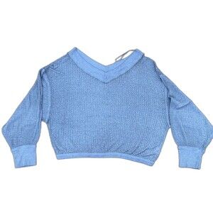 We the Free Ribbed V Neck Size Medium Gray Cropped Long Sleeve Knit Shirt Sweate